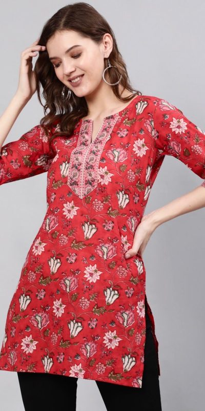 Red Cotton Printed Kurti
