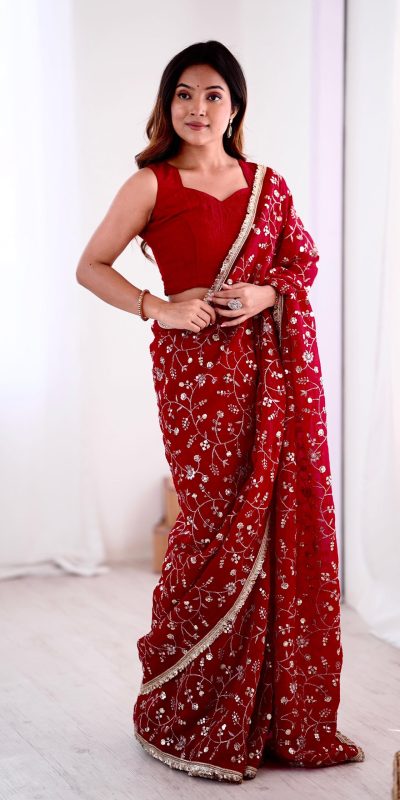 SRK 5296 Red Crunchy Silk Lace Work & Embroidery Work Saree in . Special Price ₹1799. Delivery 4-6 Working Days. Shop now. | Designer Sarees, Embroidered Sarees, Sarees, Bollywood Sarees, Creative Sarees, Ethnic Saree, Modern Digital sarees, Party Wear Sarees