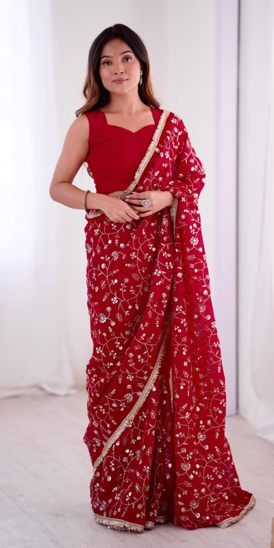 SRK 5296 Red Crunchy Silk Lace Work & Embroidery Work Saree in . Special Price ₹1799. Delivery 4-6 Working Days. Shop now. | Designer Sarees, Embroidered Sarees, Sarees, Bollywood Sarees, Creative Sarees, Ethnic Saree, Modern Digital sarees, Party Wear Sarees