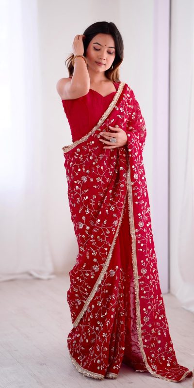 SRK 5296 Red Crunchy Silk Lace Work & Embroidery Work Saree in . Special Price ₹1799. Delivery 4-6 Working Days. Shop now. | Designer Sarees, Embroidered Sarees, Sarees, Bollywood Sarees, Creative Sarees, Ethnic Saree, Modern Digital sarees, Party Wear Sarees