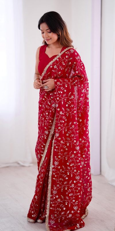 SRK 5296 Red Crunchy Silk Lace Work & Embroidery Work Saree in . Special Price ₹1799. Delivery 4-6 Working Days. Shop now. | Designer Sarees, Embroidered Sarees, Sarees, Bollywood Sarees, Creative Sarees, Ethnic Saree, Modern Digital sarees, Party Wear Sarees