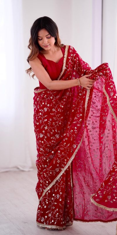 SRK 5296 Red Crunchy Silk Lace Work & Embroidery Work Saree in . Special Price ₹1799. Delivery 4-6 Working Days. Shop now. | Designer Sarees, Embroidered Sarees, Sarees, Bollywood Sarees, Creative Sarees, Ethnic Saree, Modern Digital sarees, Party Wear Sarees