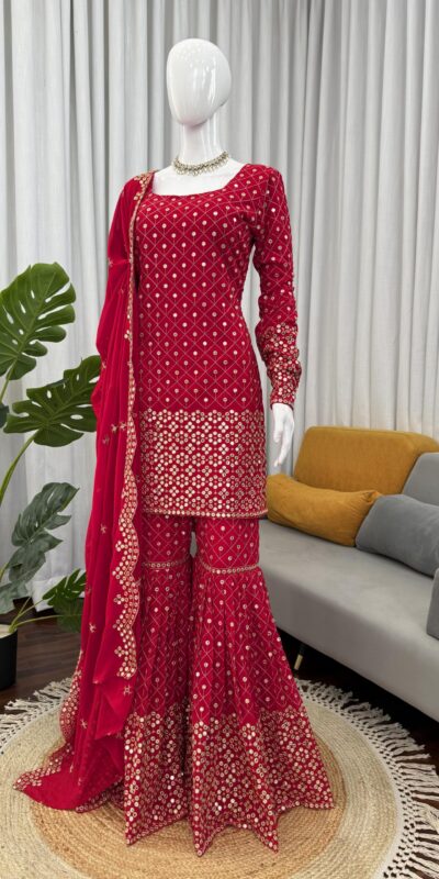 RTC 5921 Red Faux Georgette Salwarv suit with Lace Work. Wedding, Party, Festive, Events Grab it for ₹2549. Delivery 4-6 Working Days. Shop now. | Casual Suits, Jump Suits, Tops & Bottoms, Track Suits, Salwar suit, Creative suits, Designer Suits, Palazzo Suits, Party Wear Suits, Patiala Suits, Straight Suits, Trendy Wear