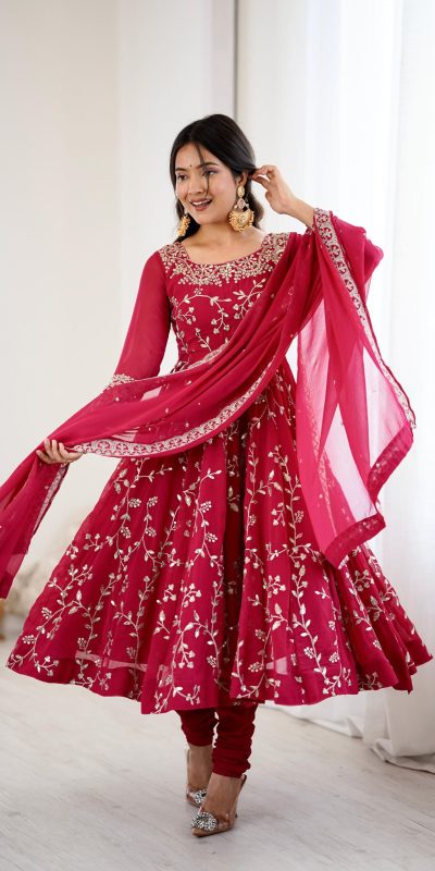Red Faux Georgette With Embroidery Gown