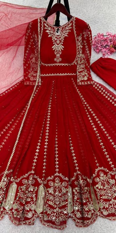 NSR 817 Red in Faux Georgette With Full Heavy Embroidery & Lace Work Gown . Festive Deal ₹1949. Wedding, Party, Festive, Events Delivery 4-6 Days | Gowns, Bollywood Gowns, Creative Gowns, Designer Gowns, Embroidered Gowns, Party Wear Gowns