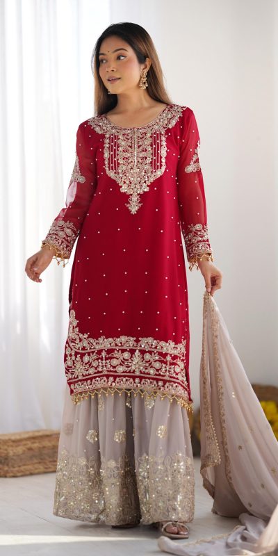 SR 1676 Red Red Heavy Faux Georgette With Heavy Embroidery Perfect for Wedding, Party, Ethnic Day, Reception, Diwali 4-6 Working Days At 2049/- Only | Casual Suits, Jump Suits, Salwar suit, Creative suits, Designer Suits, Palazzo Suits, Party Wear Suits, Patiala Suits, Straight Suits