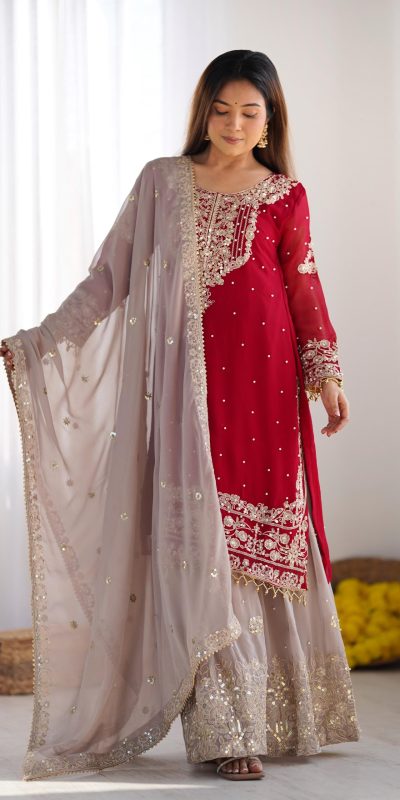 SR 1676 Red Red Heavy Faux Georgette With Heavy Embroidery Perfect for Wedding, Party, Ethnic Day, Reception, Diwali 4-6 Working Days At 2049/- Only | Casual Suits, Jump Suits, Salwar suit, Creative suits, Designer Suits, Palazzo Suits, Party Wear Suits, Patiala Suits, Straight Suits
