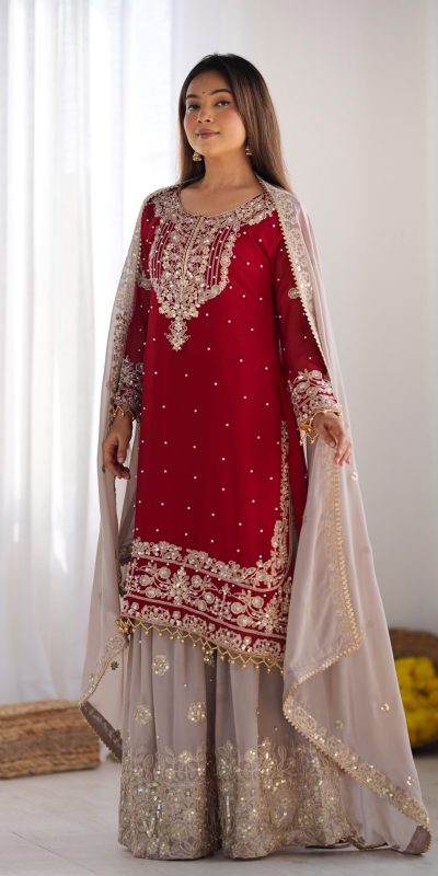 SR 1676 Red Red Heavy Faux Georgette With Heavy Embroidery Perfect for Wedding, Party, Ethnic Day, Reception, Diwali 4-6 Working Days At 2049/- Only | Casual Suits, Jump Suits, Salwar suit, Creative suits, Designer Suits, Palazzo Suits, Party Wear Suits, Patiala Suits, Straight Suits