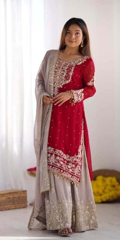 SR 1676 Red Red Heavy Faux Georgette With Heavy Embroidery Perfect for Wedding, Party, Ethnic Day, Reception, Diwali 4-6 Working Days At 2049/- Only | Casual Suits, Jump Suits, Salwar suit, Creative suits, Designer Suits, Palazzo Suits, Party Wear Suits, Patiala Suits, Straight Suits