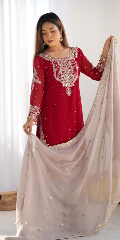 SR 1676 Red Heavy Faux Georgette With Heavy Embroidery Perfect for Wedding, Party, Ethnic Day, Reception, Diwali 4-6 Working Days At 2049/- Only | Casual Suits, Jump Suits, Salwar suit, Creative suits, Designer Suits, Palazzo Suits, Party Wear Suits, Patiala Suits, Straight Suits