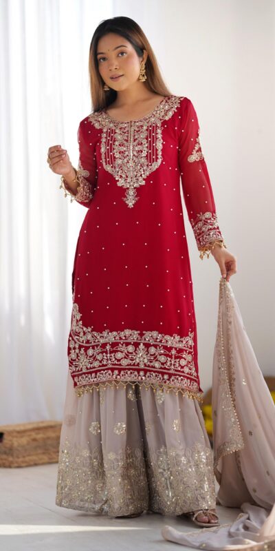 SR 1676 Red Heavy Faux Georgette With Heavy Embroidery Perfect for Wedding, Party, Ethnic Day, Reception, Diwali 4-6 Working Days At 2049/- Only | Casual Suits, Jump Suits, Salwar suit, Creative suits, Designer Suits, Palazzo Suits, Party Wear Suits, Patiala Suits, Straight Suits