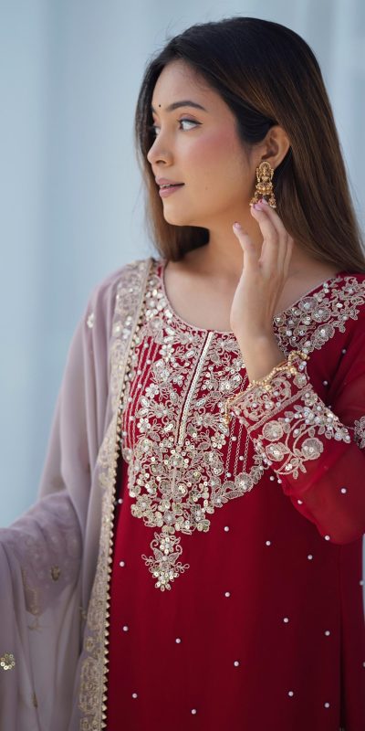 SR 1676 Red Red Heavy Faux Georgette With Heavy Embroidery Perfect for Wedding, Party, Ethnic Day, Reception, Diwali 4-6 Working Days At 2049/- Only | Casual Suits, Jump Suits, Salwar suit, Creative suits, Designer Suits, Palazzo Suits, Party Wear Suits, Patiala Suits, Straight Suits