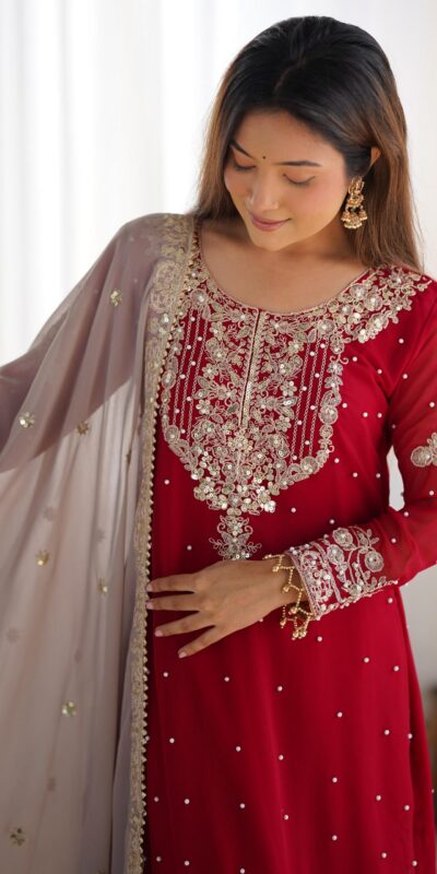 SR 1676 Red Heavy Faux Georgette With Heavy Embroidery Perfect for Wedding, Party, Ethnic Day, Reception, Diwali 4-6 Working Days At 2049/- Only | Casual Suits, Jump Suits, Salwar suit, Creative suits, Designer Suits, Palazzo Suits, Party Wear Suits, Patiala Suits, Straight Suits