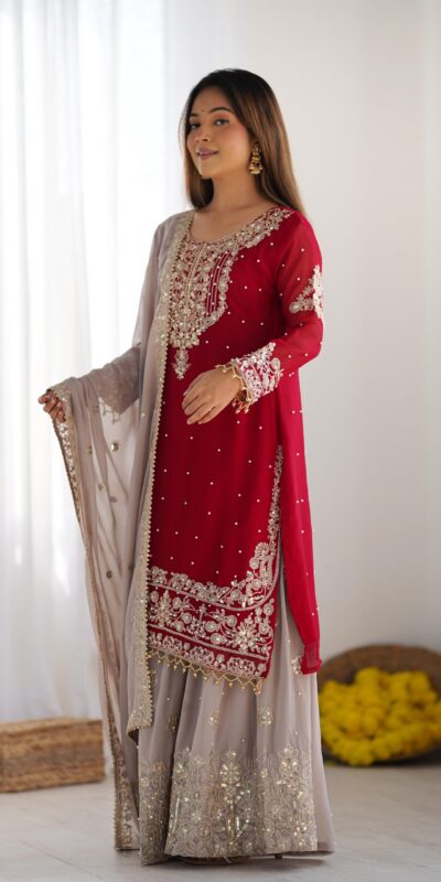 SR 1676 Red Heavy Faux Georgette With Heavy Embroidery Perfect for Wedding, Party, Ethnic Day, Reception, Diwali 4-6 Working Days At 2049/- Only | Casual Suits, Jump Suits, Salwar suit, Creative suits, Designer Suits, Palazzo Suits, Party Wear Suits, Patiala Suits, Straight Suits