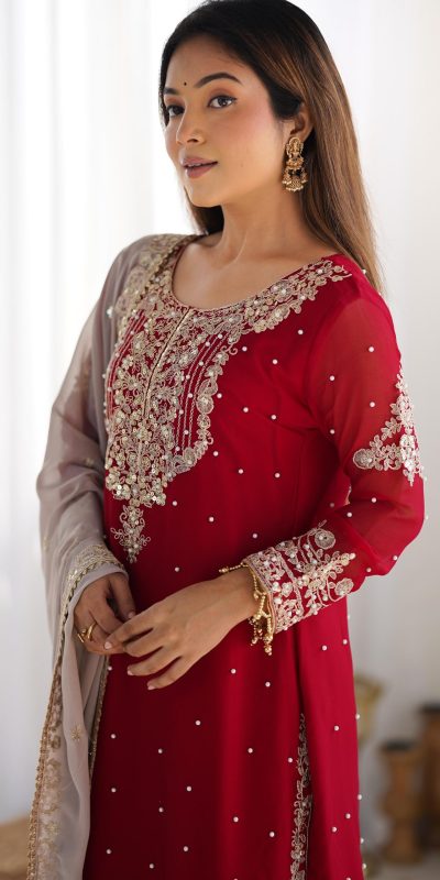 SR 1676 Red Red Heavy Faux Georgette With Heavy Embroidery Perfect for Wedding, Party, Ethnic Day, Reception, Diwali 4-6 Working Days At 2049/- Only | Casual Suits, Jump Suits, Salwar suit, Creative suits, Designer Suits, Palazzo Suits, Party Wear Suits, Patiala Suits, Straight Suits