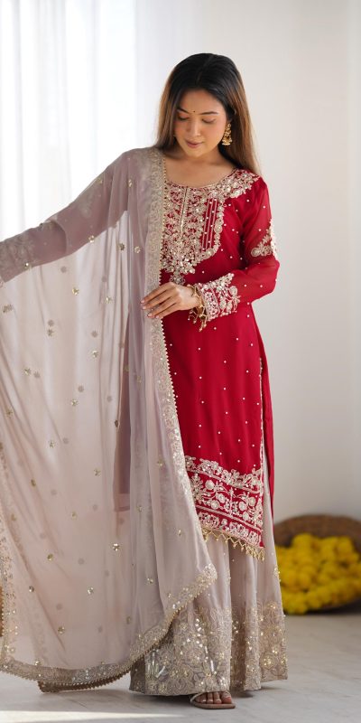 SR 1676 Red Red Heavy Faux Georgette With Heavy Embroidery Perfect for Wedding, Party, Ethnic Day, Reception, Diwali 4-6 Working Days At 2049/- Only | Casual Suits, Jump Suits, Salwar suit, Creative suits, Designer Suits, Palazzo Suits, Party Wear Suits, Patiala Suits, Straight Suits