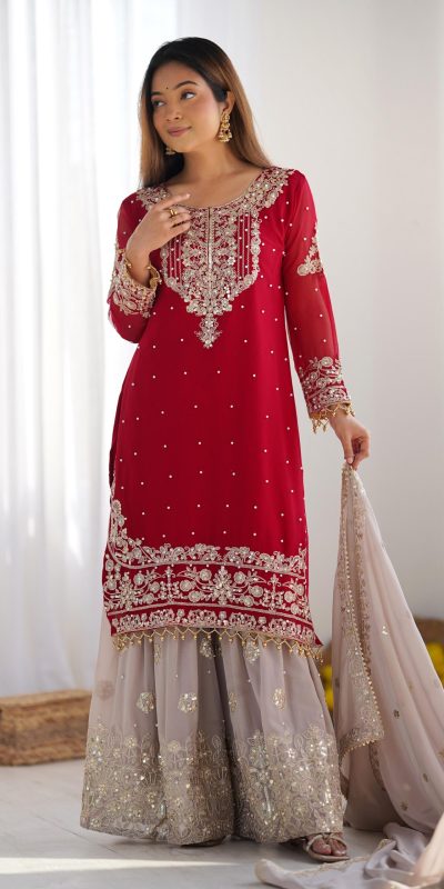 SR 1676 Red Red Heavy Faux Georgette With Heavy Embroidery Perfect for Wedding, Party, Ethnic Day, Reception, Diwali 4-6 Working Days At 2049/- Only | Casual Suits, Jump Suits, Salwar suit, Creative suits, Designer Suits, Palazzo Suits, Party Wear Suits, Patiala Suits, Straight Suits