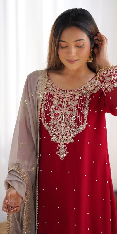 SR 1676 Red Red Heavy Faux Georgette With Heavy Embroidery Perfect for Wedding, Party, Ethnic Day, Reception, Diwali 4-6 Working Days At 2049/- Only | Casual Suits, Jump Suits, Salwar suit, Creative suits, Designer Suits, Palazzo Suits, Party Wear Suits, Patiala Suits, Straight Suits