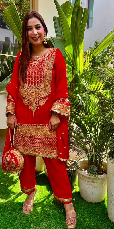 Red Faux Georgette With Sequence Salwar Suit