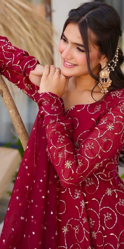 ZSR 3145 Red Faux Georgette With Embroidery Sequence Work Gown Perfect for Wedding, Party, Bridal Wear, Family Gatherings, Festival Celebrations At 2099 | Gowns, Bollywood Gowns, Creative Gowns, Designer Gowns, Embroidered Gowns, Party Wear Gowns