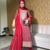 Red Faux Georgette Lace Work Salwar Suit