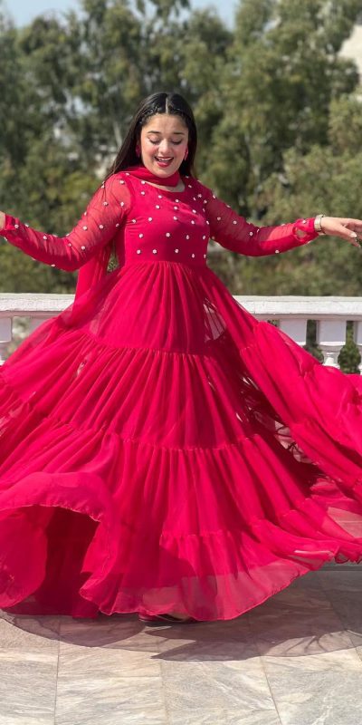 Red Georgette With Bead Work Gown