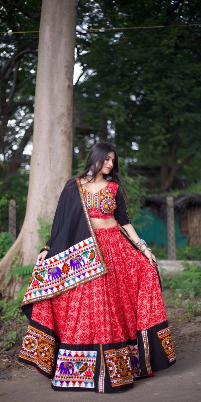 Red Pure Cotton With Gamthi Work Lehenga Choli