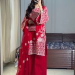 Red Roman Silk Embroidery Work Salwar Suit