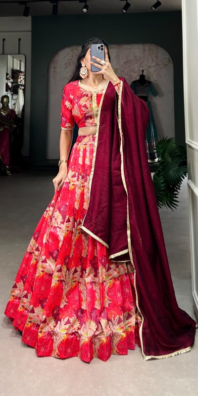 Red Tussar Silk Sequins Work Lehenga Choli