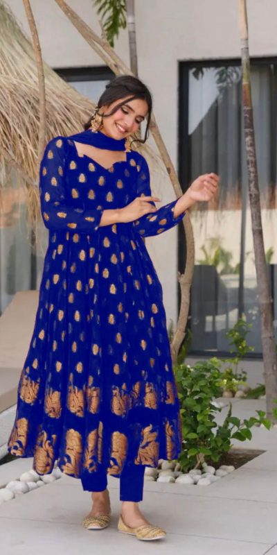 Royal Blue Faux Georgette Embroidery Work Gown