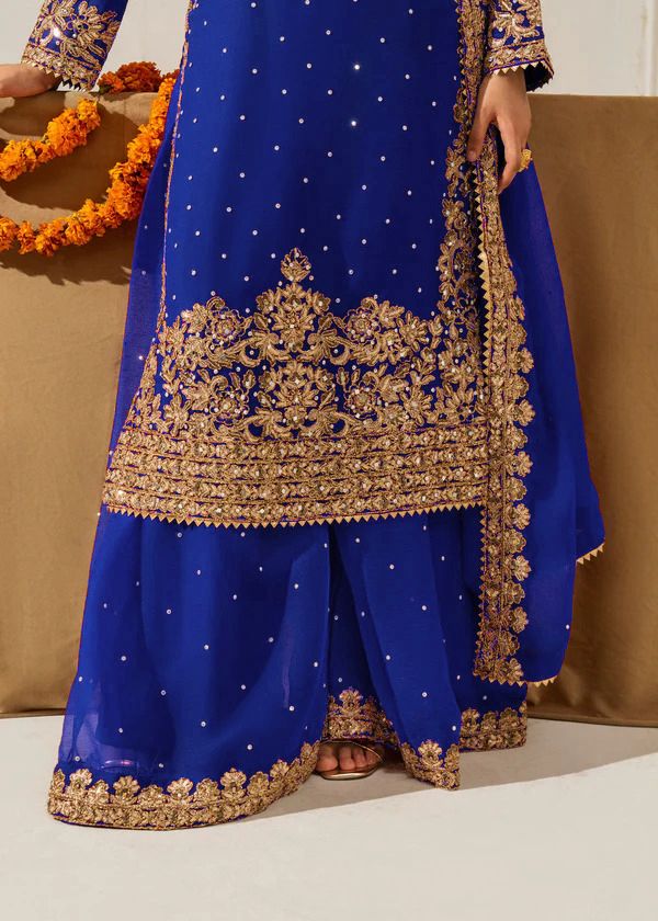 Royal Blue Faux Georgette Lace Work Salwar Suit - Image 3