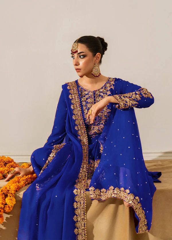 Royal Blue Faux Georgette Lace Work Salwar Suit - Image 2