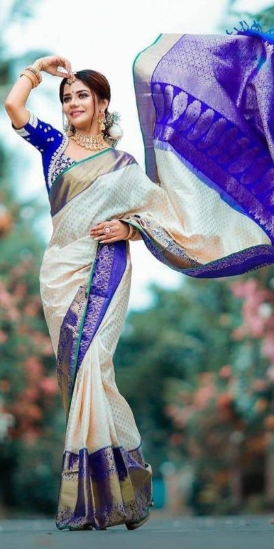 Royal Blue Soft Lichi Silk Lace Work Saree