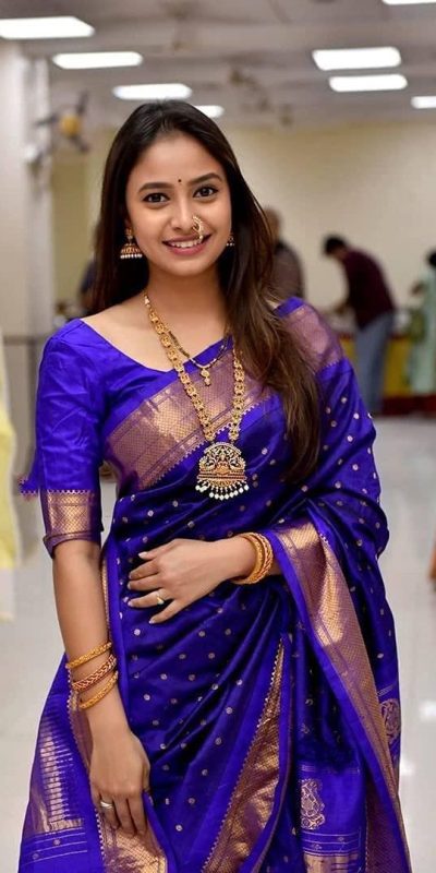 Royal Blue Soft Lichi Silk With Lace Work Saree