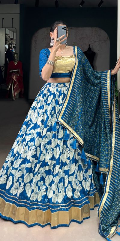 Royal Blue Tasar Silk Lace Work Lehenga Choli