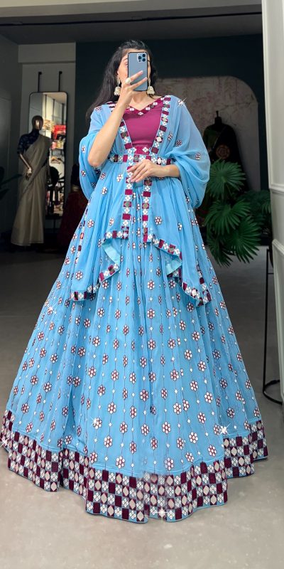 Sky Blue Georgette Mirror Work Lehenga Choli