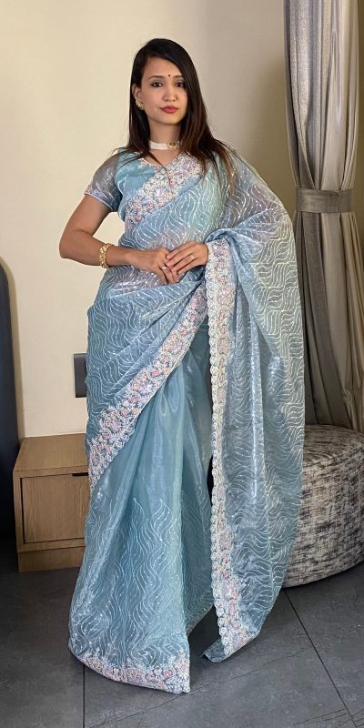 Sky Blue Premium Barbari Silk Zari Work Saree