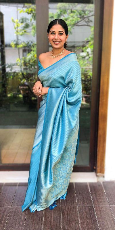 Sky Blue Soft Lichi Silk Lace Work Saree