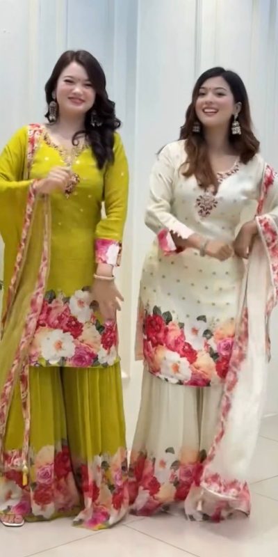 SRK 5301 White Heavy Faux Georgette With 5mm Embroidery Sequence Work With Digital print Full Sleeve Salwar Suit Wedding, Party, 4-6 Working Days At 1999 | Casual Suits, Jump Suits, Salwar suit, Creative suits, Designer Suits, Palazzo Suits, Party Wear Suits, Patiala Suits, Straight Suits