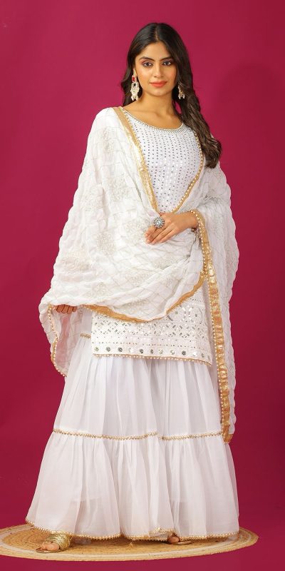 SR 1671 White Georgette Salwar Suit Perfect for Wedding, Party, Cultural Events, Temple Visit, Lohri Now at just ₹1799. Delivery 4-6 Working Days. | Casual Suits, Jump Suits, Tops & Bottoms, Track Suits, Salwar suit, Creative suits, Designer Suits, Palazzo Suits, Party Wear Suits, Patiala Suits, Straight Suits, Trendy Wear