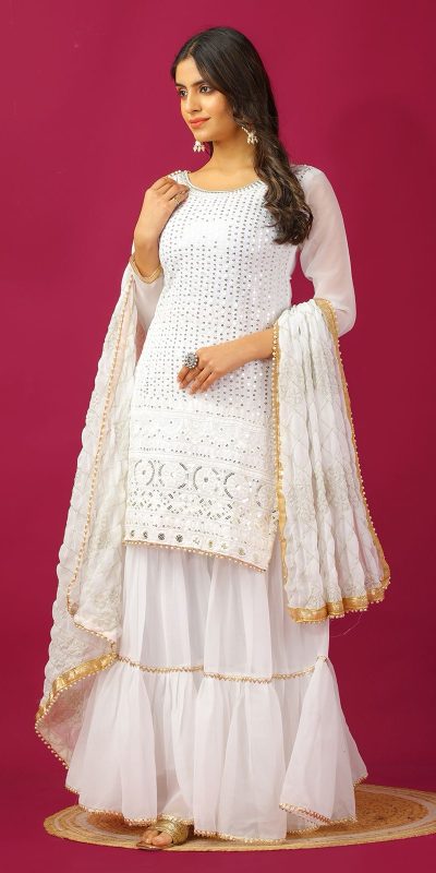 SR 1671 White Georgette Salwar Suit Perfect for Wedding, Party, Cultural Events, Temple Visit, Lohri Now at just ₹1799. Delivery 4-6 Working Days. | Casual Suits, Jump Suits, Tops & Bottoms, Track Suits, Salwar suit, Creative suits, Designer Suits, Palazzo Suits, Party Wear Suits, Patiala Suits, Straight Suits, Trendy Wear