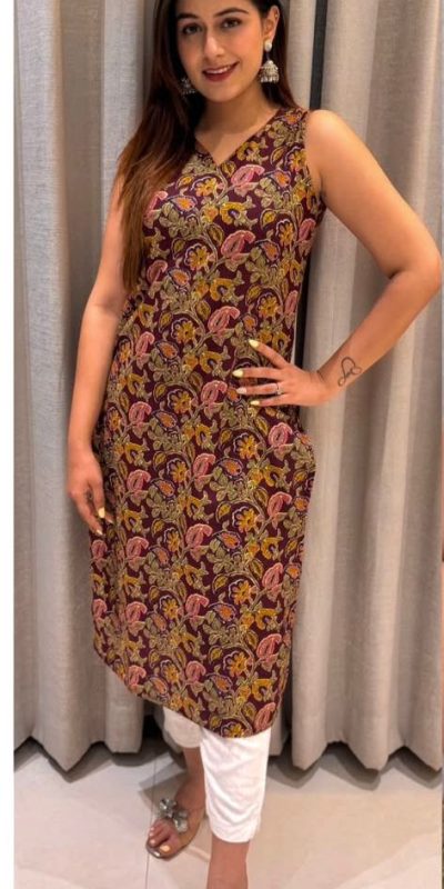 Wine Cotton Printed Kurti