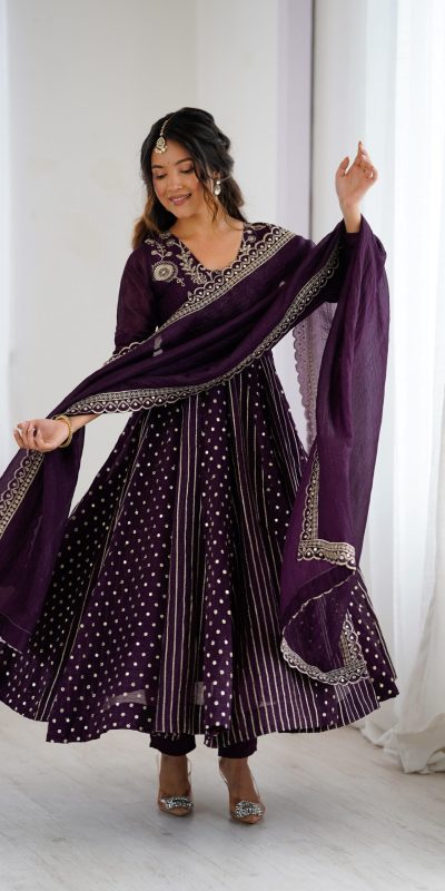 SRK 5293 Wine With Crunchy Silk With Fully Flair with Lace Work & Embroidery Work Anarkali Gown . Introductory Price ₹2149. Delivery 4-6 Worki | Gowns, Bollywood Gowns, Creative Gowns, Designer Gowns, Embroidered Gowns, Party Wear Gowns