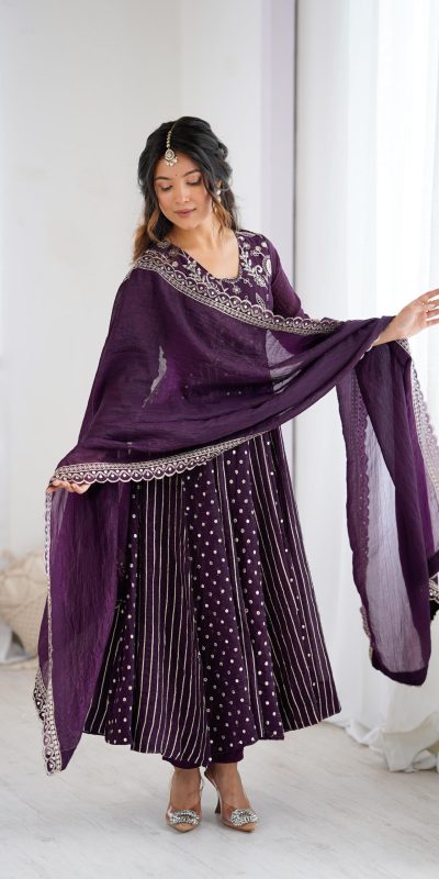 SRK 5293 Wine With Crunchy Silk With Fully Flair with Lace Work & Embroidery Work Anarkali Gown . Introductory Price ₹2149. Delivery 4-6 Worki | Gowns, Bollywood Gowns, Creative Gowns, Designer Gowns, Embroidered Gowns, Party Wear Gowns