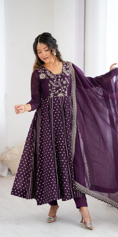 SRK 5293 Wine With Crunchy Silk With Fully Flair with Lace Work & Embroidery Work Anarkali Gown . Introductory Price ₹2149. Delivery 4-6 Worki | Gowns, Bollywood Gowns, Creative Gowns, Designer Gowns, Embroidered Gowns, Party Wear Gowns