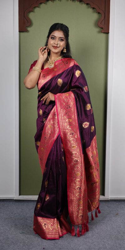 Wine Soft Paithani Silk Zari Work Lace Saree