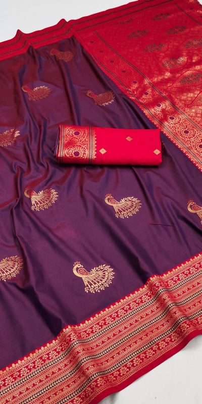 Wine Soft Silk Zari Lace Work Saree