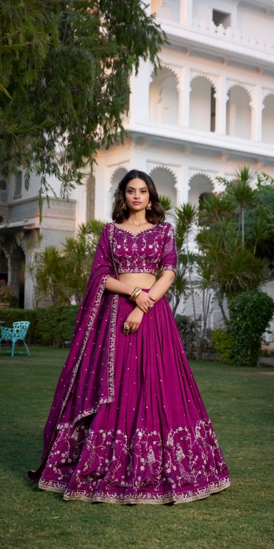 Wine Vichitra Silk Work Embroidery Lehenga Choli