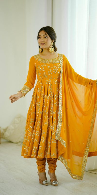 SRK 5299 Yellow Faux Georgette With Sequence Work Perfect for Wedding, Party, Temple Visit, Ganesh Chaturthi Festive, Events, 4-6 Working Days At 2149 | Gowns, Bollywood Gowns, Creative Gowns, Designer Gowns, Embroidered Gowns, Party Wear Gowns
