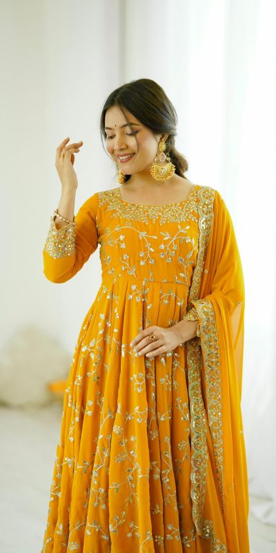SRK 5299 Yellow Faux Georgette With Sequence Work Perfect for Wedding, Party, Temple Visit, Ganesh Chaturthi Festive, Events, 4-6 Working Days At 2149 | Gowns, Bollywood Gowns, Creative Gowns, Designer Gowns, Embroidered Gowns, Party Wear Gowns